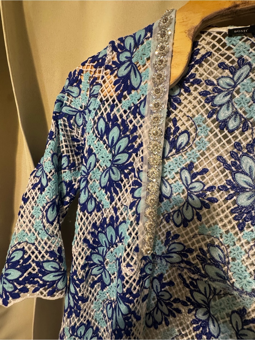 Boston Proper Guipure Crochet Duster Cardigan Blue White Embellished Women’s L - Picture 5 of 16